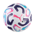 White Puma soccer ball featuring the Premier League logo. It has vibrant purple, pink, and blue graphic patterns and a central pink Puma cat logo.