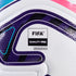 Close-up of a textured white soccer ball featuring a "FIFA QUALITY PRO" logo and bold purple, pink, and cyan patterns.