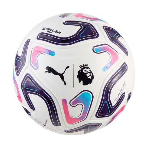 White Puma Stellar Pro soccer ball with purple, pink, and blue patterns, featuring the Puma and Premier League logos.