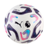 White Puma Stellar Pro soccer ball with purple, pink, and blue patterns, featuring the Puma and Premier League logos.