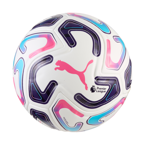 White Puma soccer ball with vibrant pink, purple, and cyan wavy graphics and the Premier League logo.