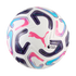 White Puma soccer ball with vibrant pink, purple, and cyan wavy graphics and the Premier League logo.