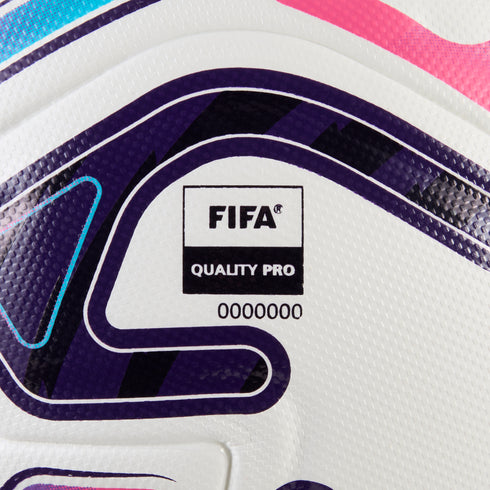 Close-up of a white soccer ball with purple and pink accents, featuring the FIFA Quality Pro logo and the serial number 0000000.
