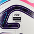 Close-up of a white soccer ball with purple and pink accents, featuring the FIFA Quality Pro logo and the serial number 0000000.