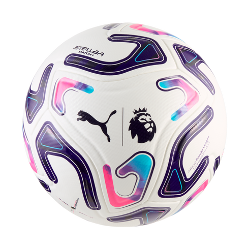 White Puma soccer ball with Premier League logo, featuring wavy purple, pink, and teal graphics.
