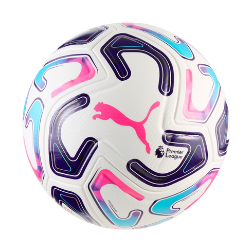 White Puma Premier League soccer ball featuring vibrant pink, blue, and purple abstract graphics and a large pink Puma logo in the center.