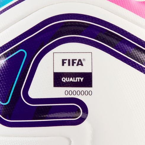 Close-up of a white soccer ball featuring a FIFA QUALITY logo and serial number 0000000 set against purple, blue, and pink graphic designs.