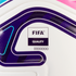 Close-up of a white soccer ball featuring a FIFA QUALITY logo and serial number 0000000 set against purple, blue, and pink graphic designs.