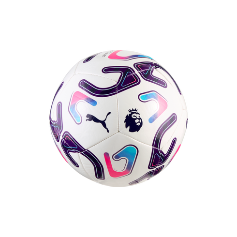 White soccer ball with the Puma and Premier League logos, decorated with purple, blue, and pink abstract geometric designs against a plain white background.