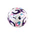 White soccer ball with the Puma and Premier League logos, decorated with purple, blue, and pink abstract geometric designs against a plain white background.