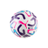 A white Puma Premier League soccer ball featuring colorful pink, purple, and blue geometric patterns.