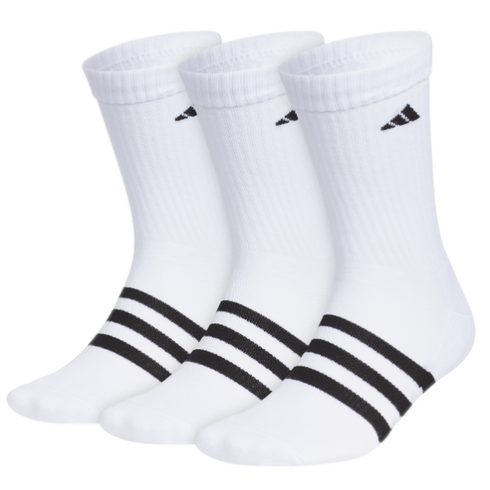 Three white crew-length socks with three black horizontal stripes across the instep and a small black logo near the ribbed cuff.