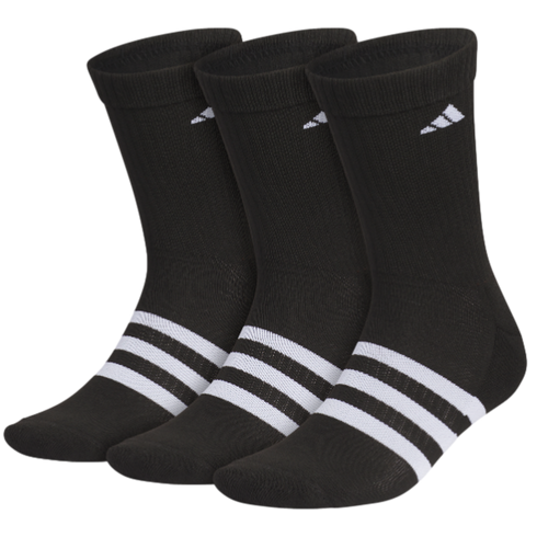 Three black crew socks with three white horizontal stripes around the foot and a small white brand logo near the cuff.