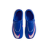 Top-down view of blue Nike Mercurial soccer cleats with large white swooshes and pink outlines against a solid black background.