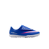 A blue Nike Mercurial soccer shoe with pink and white accents and a textured white sole, featuring a hook-and-loop strap closure.