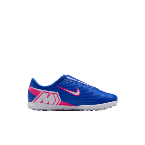 A blue Nike Mercurial soccer shoe with pink and white accents and a white studded sole, shown in profile against a black background.