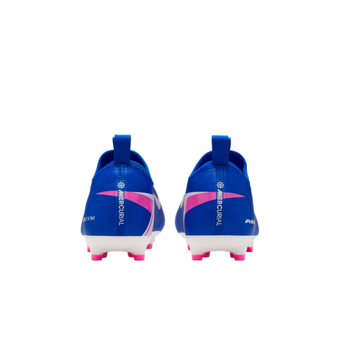 Rear view of two blue Nike Mercurial soccer cleats with pink and white accents on a black background.