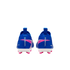 Rear view of two blue Nike Mercurial soccer cleats with pink and white accents on a black background.