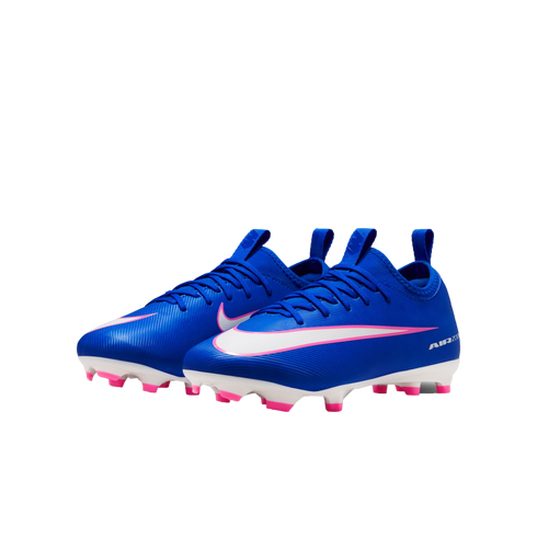 A pair of blue Nike Mercurial Air Zoom soccer cleats with pink and white accents, shown against a solid black background.