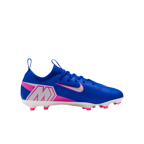 Side profile of a blue Nike Mercurial soccer cleat with pink and white accents on a black background.