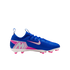 Side profile of a blue Nike Mercurial soccer cleat with pink and white accents on a black background.