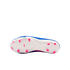 Underside of a blue soccer cleat with a white soleplate and bright pink studs against a black background.