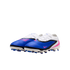 A pair of blue and white Nike soccer cleats with pink accents and black trim on a black background.