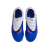 Top-down view of blue and white Nike soccer cleats featuring pink diagonal stripes, white laces, and blue insoles on a black background.