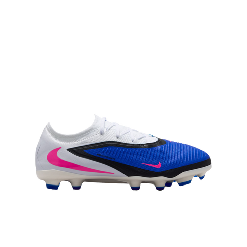Nike soccer cleat in white, blue, and black with vibrant pink swooshes and blue-tipped studs on a solid black background.