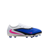 Nike soccer cleat in white, blue, and black with vibrant pink swooshes and blue-tipped studs on a solid black background.