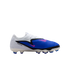 Side view of a Nike Phantom Flyknit soccer cleat with a white heel, blue textured forefoot, black graphic details, and pink accents on a white soleplate with blue studs.