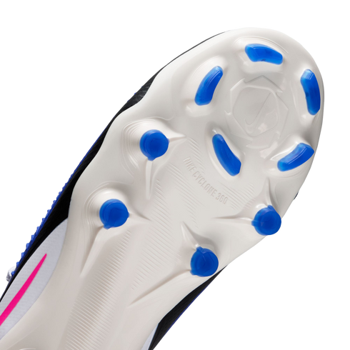 Close-up of a white Nike soccer cleat's soleplate with blue studs and "NIKE CYCLONE 360" text. A pink detail is visible on the side, set against a black background.
