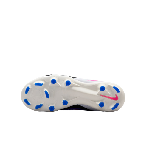 Bottom view of a white Nike soccer cleat showing blue studs and a pink Nike swoosh logo against a black background.