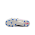Bottom view of a white Nike soccer cleat showing blue studs and a pink Nike swoosh logo against a black background.