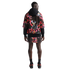 Rear view of a man wearing a black hoodie under a colorful abstract-print mesh jersey with matching shorts, black socks, and sneakers on a white background.
