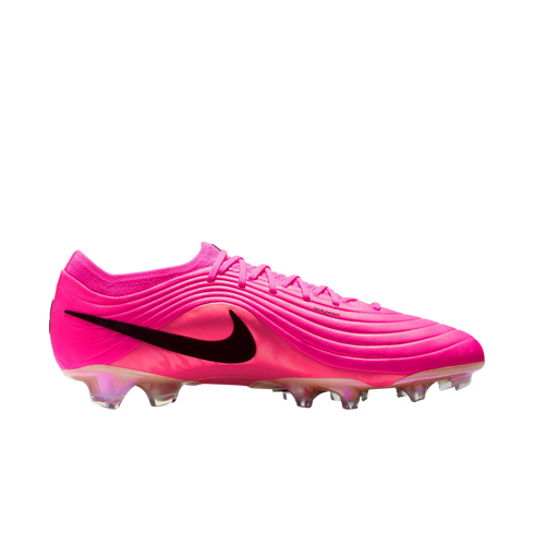 A vibrant pink Nike soccer cleat featuring a black swoosh, wavy textured upper, and iridescent studs on a white background.