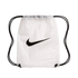 A translucent white drawstring bag with a large black Nike swoosh logo and black drawstrings.