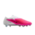 Side view of a Nike Phantom soccer cleat featuring a white heel and collar transitioning into a vibrant pink textured upper with a black Nike Swoosh.
