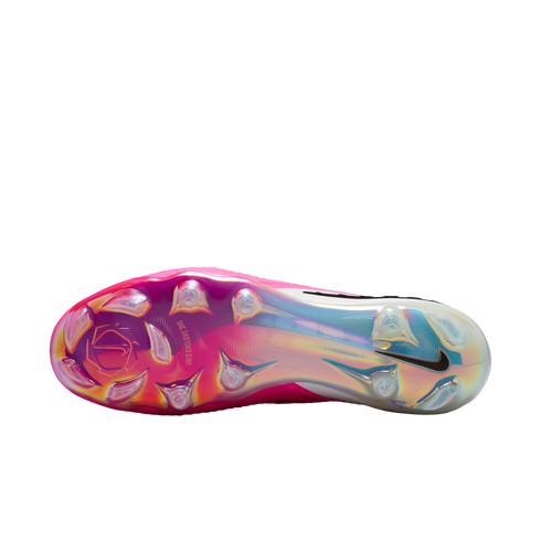 Soleplate of a Nike soccer cleat featuring a vibrant, iridescent gradient from magenta to light blue. Includes clear cleats and a black swoosh logo on the heel.