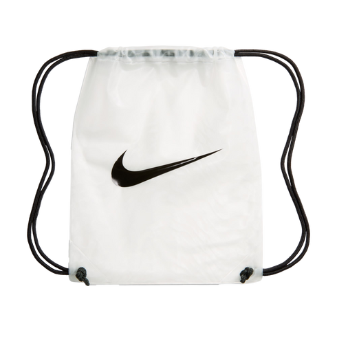 A translucent white Nike drawstring bag with a black swoosh logo and black cords.
