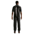 Rear view of a man in a black polo shirt with a Statue of Liberty graphic, black pants, and dark sneakers against a white background.