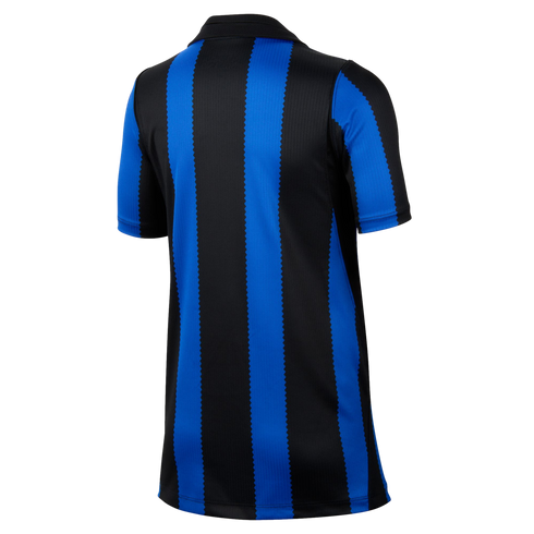 Back view of a short-sleeved polo shirt featuring vertical blue and black stripes with jagged edges on a white background.