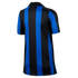 Back view of a short-sleeved polo shirt featuring vertical blue and black stripes with jagged edges on a white background.