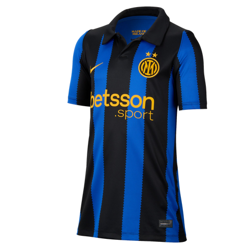 Inter Milan soccer jersey with black and blue serrated stripes, yellow Nike swoosh, team crest with two stars, and yellow "betsson .sport" sponsor logo.