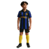 A young boy posing in a blue and black striped Inter Milan soccer jersey, black shorts, yellow socks, and black cleats on a plain white background.