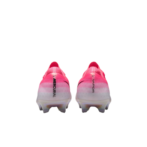 Rear view of two Nike Mercurial Vapor soccer cleats with a pink-to-white gradient. "MERCURIAL" and "VAPOR" are on the heels. Set against a plain white background.
