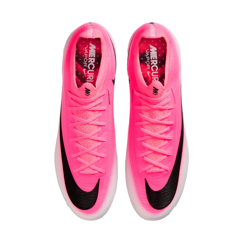 Top-down view of bright pink Nike Mercurial Vapor soccer cleats with black Nike swooshes and pink laces on a white background.