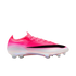 Vibrant pink and white Nike soccer cleat with a black Swoosh, shown from a side profile against a white background.