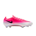 A pink and white Nike soccer cleat with a black swoosh and an iridescent soleplate, shown from a side profile against a white background.