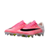 A pair of pink and white Nike soccer cleats with a black swoosh and iridescent soleplate, shown against a white background.